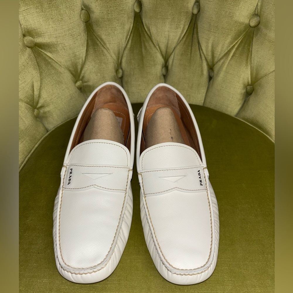 AUTH PRADA SAFFIANO PENNY LOAFER SHOES 2DD001 WHITE LEATHER US 12 EU 45 45,5